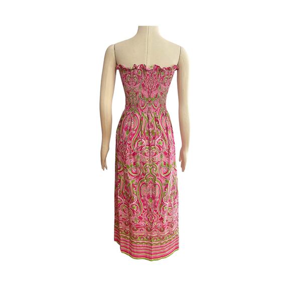 1990s Pink & Green Mod Paisley Strapless Smock Bodice Maxi Boho Dress Size Small - Picture 4 of 9